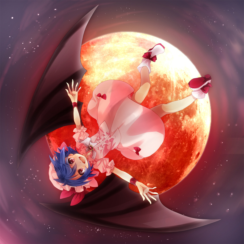 amaya_enaka bat_wings blue_hair fangs full_moon hat highres moon night open_mouth outstretched_arms red_eyes red_moon remilia_scarlet shirt short_hair skirt skirt_set sky smile solo star_(sky) touhou upside-down wings wrist_ribbon wristband