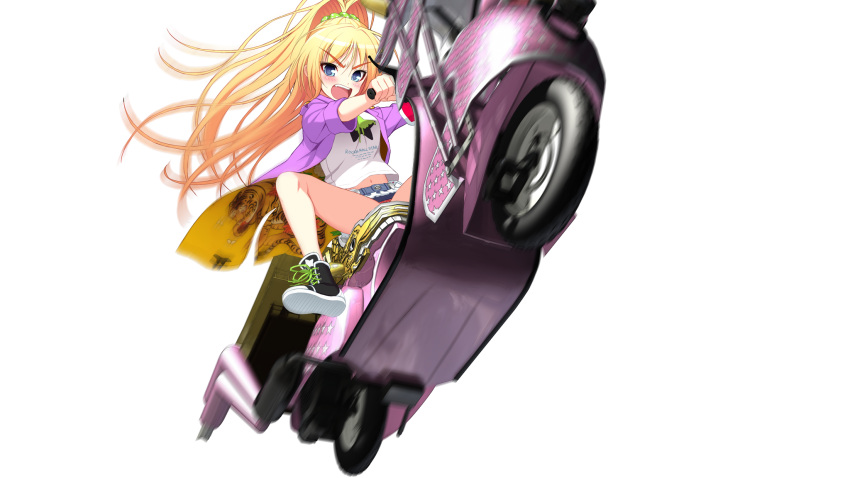 axanael blonde_hair blue_eyes character_request coat female from_below game_cg highres in_air long_hair motorcycle panties ponytail simple_background skirt solo t-shirt tiger transparent transparent_background