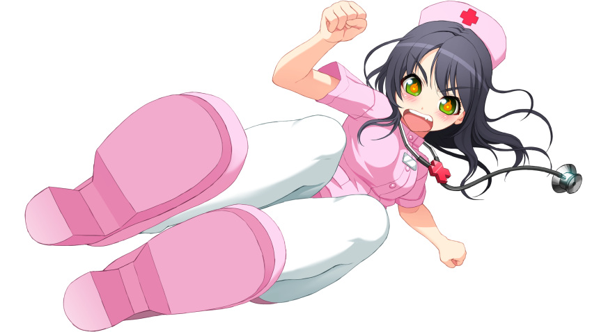axanael black_hair female fire fist game_cg green_eyes highres in_air jumping kick long_hair nurse nurse_cap open_mouth simple_background solo stethoscope thigh-highs transparent transparent_background white_legwear white_thighhighs