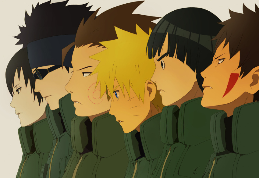 6boys aburame_shino akimichi_choji akimichi_chouji black_hair blonde_hair blue_eyes brown_hair facial_mark fang female flak_jacket group_profile headband highres inuzuka_kiba jinchuuriki lineup male multiple_boys naruto naruto_shippuuden profile rock_lee sai short_hair spiky_hair uzumaki_naruto vest yuhka