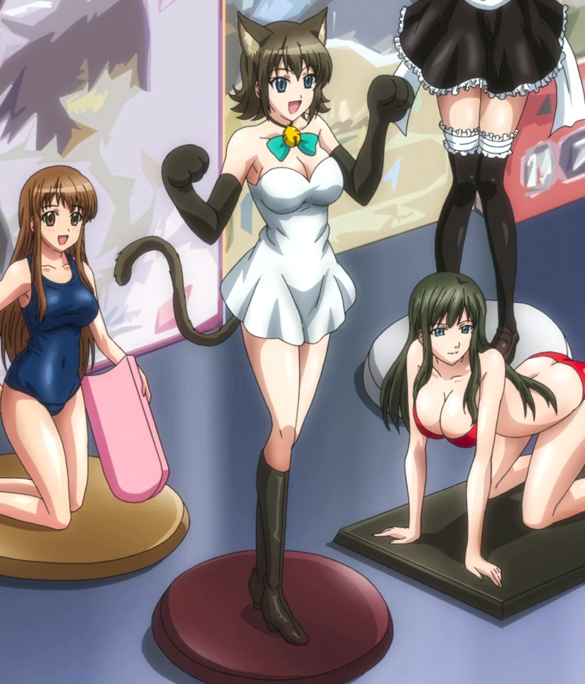 3girls all_fours animal_ears asobi_ni_iku_yo! bare_shoulders bell bikini black_legwear black_thighhighs boots breasts brown_hair cat_ears cat_paws cat_pose cat_tail cleavage dress female figure gloves green_hair highres large_breasts long_hair maid maid_dress one-piece_swimsuit orange_hair school_swimsuit screencap swimsuit tail thigh-highs toys white_dress