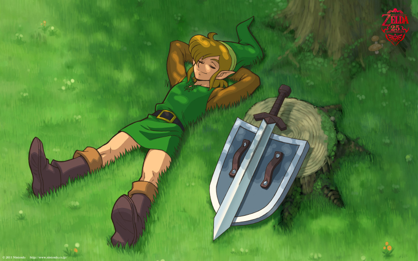 a_link_to_the_past arms_behind_head blonde_hair closed_eyes eyes_closed grass highres link lying male no_pants official_art relaxing shade shield smile solo sword the_legend_of_zelda tree_stump wallpaper weapon