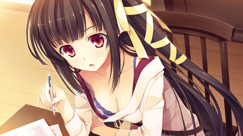 artist_request black_hair blush bra breasts brown_hair chair character_request cleavage desk down_blouse female game_cg hair_ribbon hairband highres koikishi_purely_kiss lace lingerie long_hair one_side_up open_mouth paper pen red_eyes ribbon shidou_mana sitting skirt solo source_request underwear wallpaper yuuki_hagure