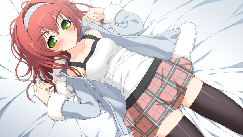 axanael bare_shoulders bed black_legwear black_thighhighs blush character_request female game_cg green_eyes hairband highres jacket lying possible_duplicate red_hair short_hair skirt smile solo thigh-highs top