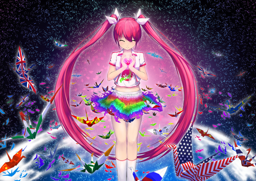 ^_^ akama_zenta alternate_hair_color american_flag australian_flag belgian_flag brazilian_flag chinese_flag closed_eyes earth eyes_closed female flag french_flag german_flag hatsune_miku highres italian_flag long_hair multicolored multicolored_skirt origami paper_crane people's_republic_of_china_flag personification pink_hair russian_flag skirt smile solo south_korean_flag spanish_flag swedish_flag switzer_flag thigh-highs twintails union_jack very_long_hair vocaloid white_legwear white_thighhighs world