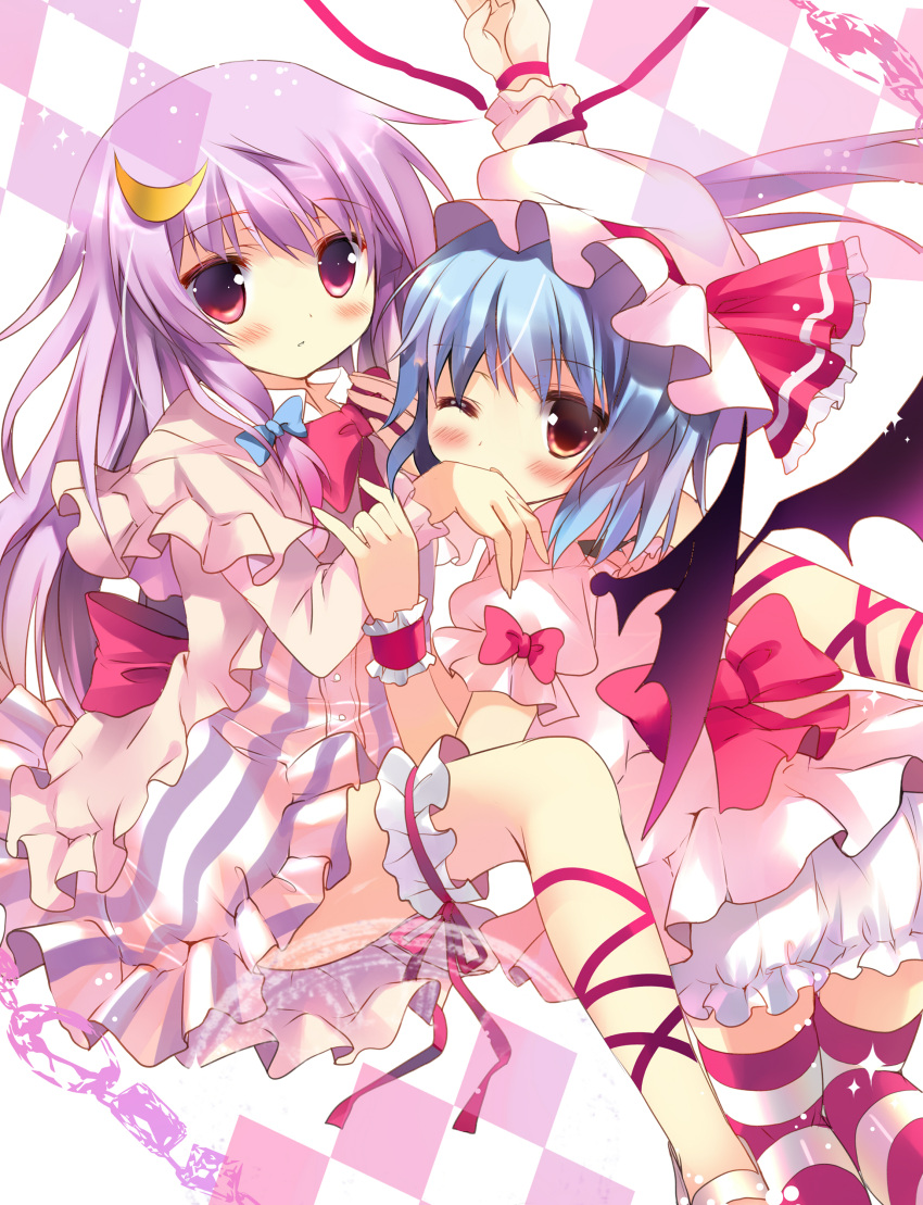 absurdres azumi_kazuki bloomers blue_hair blush crescent hair_ornament hat highres multiple_girls no_hat no_headwear patchouli_knowledge purple_eyes purple_hair remilia_scarlet ribbon short_hair striped striped_legwear the_embodiment_of_scarlet_devil thigh-highs thighhighs touhou violet_eyes wings wink