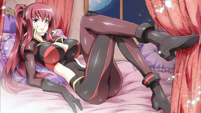 alternate_persona artist_request bed black_carrier black_gloves blue_eyes bodysuit breasts character_request cleavage cleavage_cutout copyright_request crossed_legs curtains gloves headphones headset highres kaishaku kaitou_tenshi_twin_angel large_breasts latex long_hair lying moon night pillow red_hair saijou_jouji shiny shoes sitting smile solo source_request window