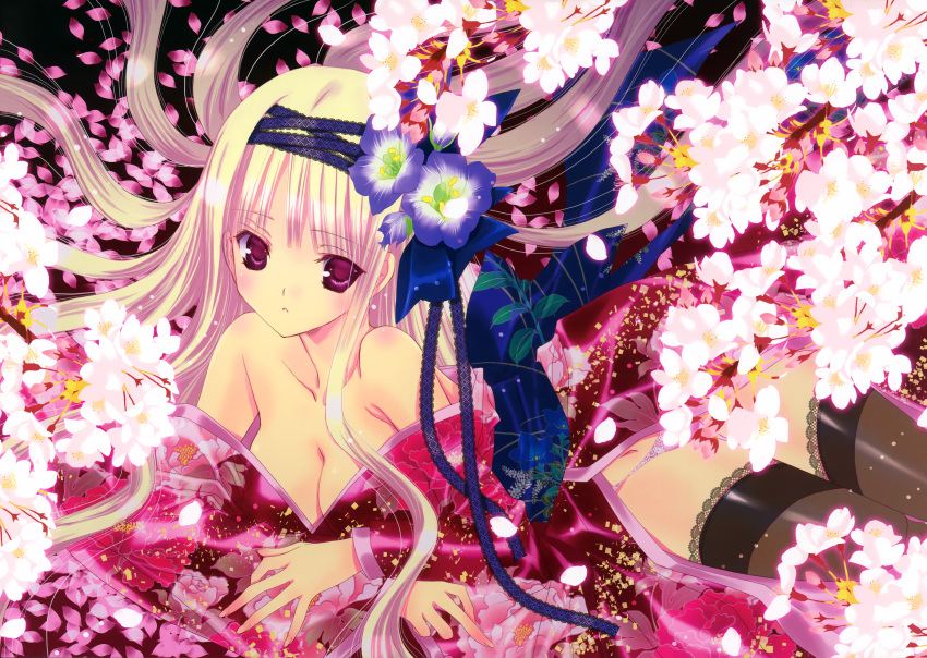 1girl absurdres black_legwear blonde_hair breasts cherry_blossoms cleavage highres huge_filesize japanese_clothes kimono legs nanase_aoi off_shoulder red_eyes tagme thigh-highs