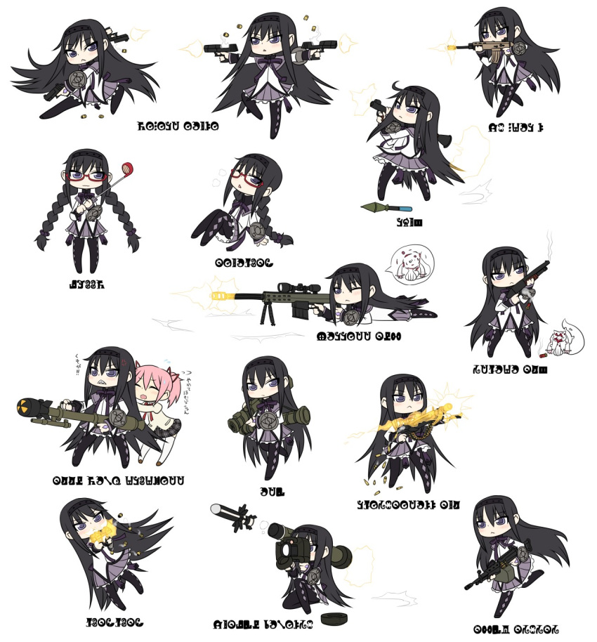 akemi_homura anger_vein anti-materiel_rifle anti-tank_missile at4 barrett_m82 bipod black_hair braid buckler casing_ejection chibi desert_eagle dual_wielding firing fn_minimi fn_scar glasses golf_club gun gunkata hairband handgun highres homu ithaca_37 ithaca_37_stakeout jon_henry_nam kaname_madoka kyubey long_hair m28_davy_crockett_weapon_system machine_gun madoka_runes magical_girl mahou_shoujo_madoka_magica mg3 mg42 missile_launcher move_chart multiple_girls muzzle_flash nuke pantyhose pistol profanity racking_slide radiation_symbol recoilless_rifle red-framed_glasses rifle rocket_launcher rpg rpg-7 scope shell_casing shotgun smoke smoking_gun sniper_rifle translated translation_request twin_braids weapon