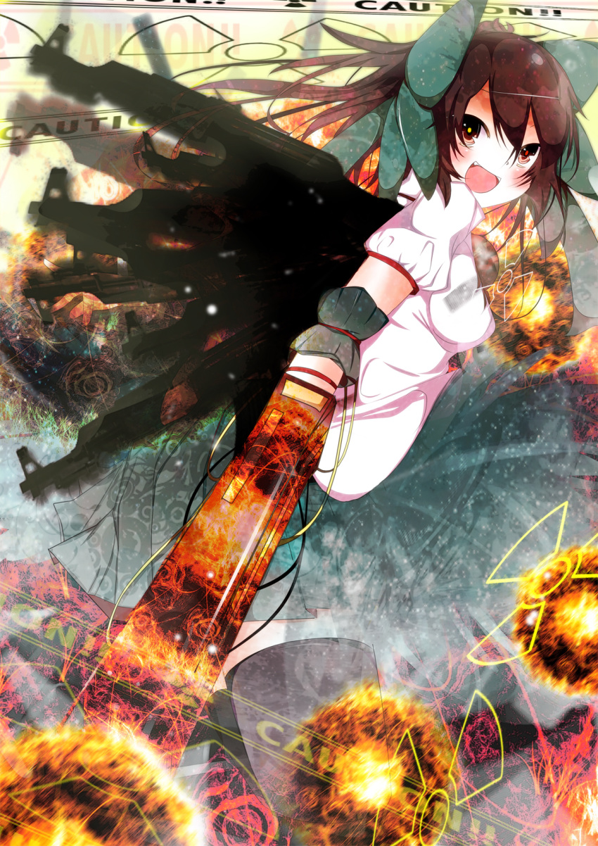 alternate_weapon arm_cannon artist_request blush_stickers bow brown_hair caution energy gun hair_bow highres long_hair nmaaaaa nuclear radiation_symbol red_eyes reiuji_utsuho short_sleeves skirt solo thigh-highs thighhighs third_eye touhou weapon wings