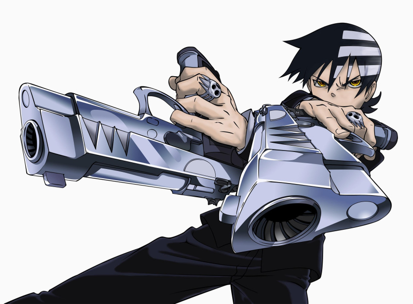 death_the_kid dual_wielding extraction foreshortening gangsta_hold gun handgun highres male official_art solo soul_eater trigger_discipline upside-down weapon white_background yellow_eyes
