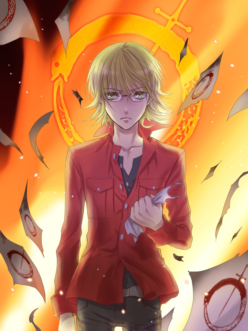 barnaby_brooks_jr belt blonde_hair glasses green_eyes highres jacket jewelry kanou male necklace ouroboros papers red_jacket ribbon solo teenage tiger_&amp;_bunny