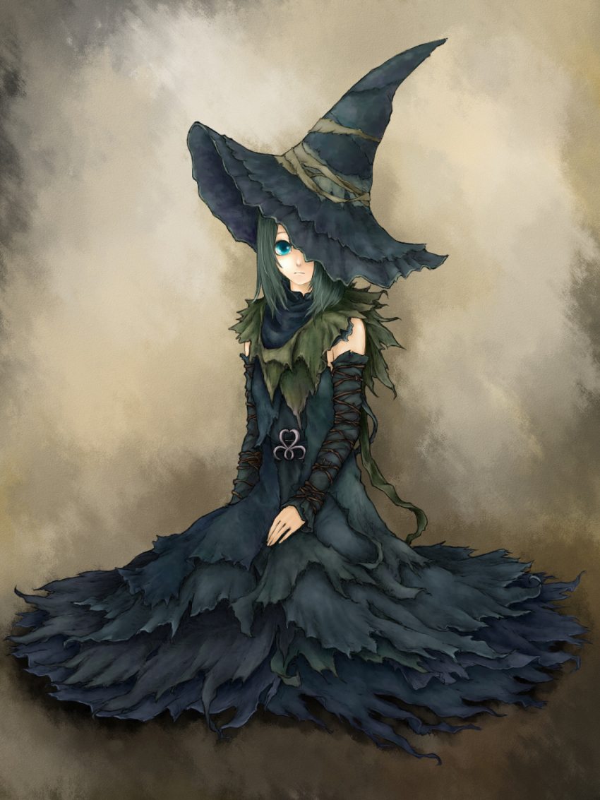 black_hair blue_eyes demon's_souls demon's_souls detached_sleeves dress female grey_hair hat highres ise_(0425) ise_(pixiv2136520) long_hair short_hair sitting solo witch witch_hat with_hat yuria_the_witch