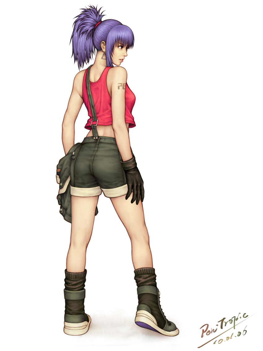 blue_hair crop_top earrings from_behind gloves highres jacket jacket_removed jewelry king_of_fighters leona_heidern looking_away pen-tropic pen_tropic_(pixiv) ponytail realistic shorts signature snk suspenders tattoo