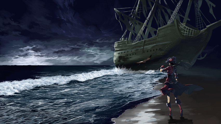 bicorne bird black_hair boots brown_hair cloudy cloudy_sky dress from_behind gloves hat highres justminor long_hair night ocean original pirate pirate_hat sand scenery shadow ship shipwreck sky solo standing walking water wind