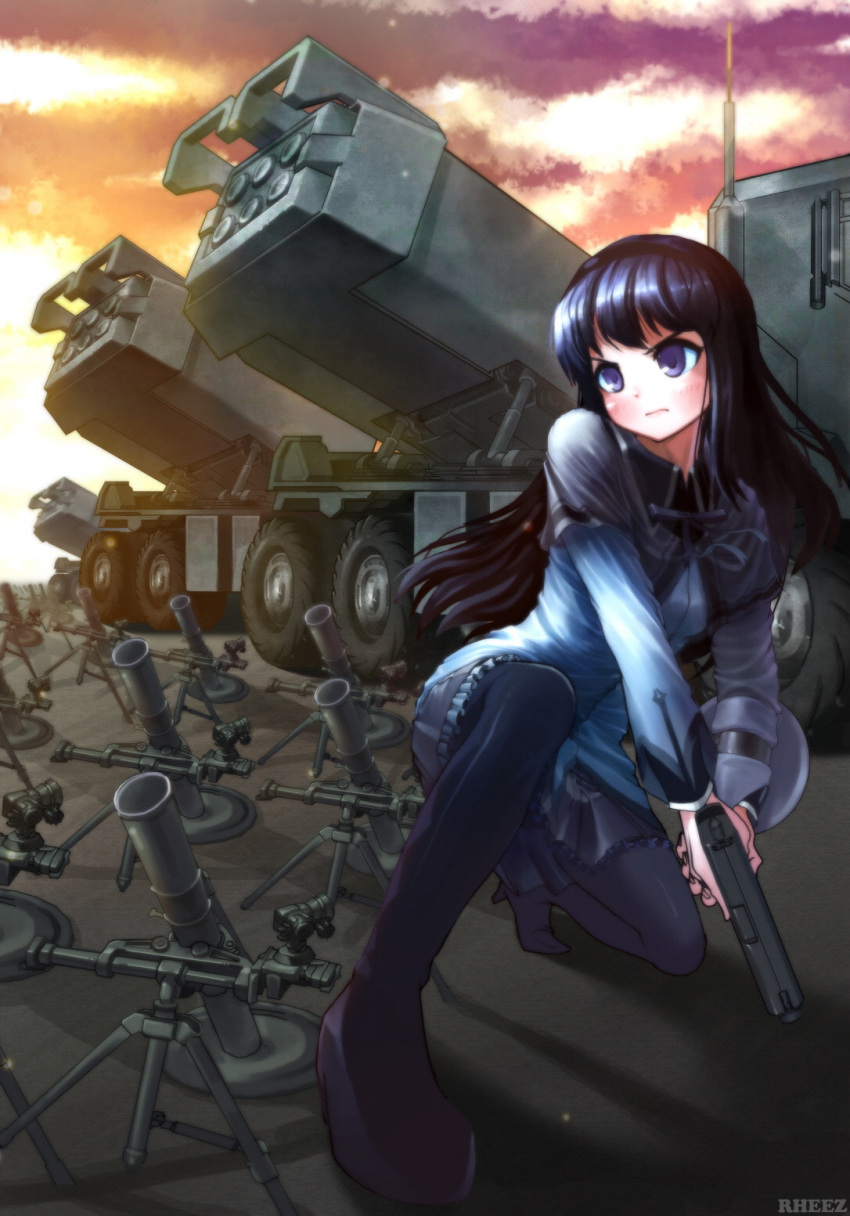 akemi_homura black_hair blurry depth_of_field gun hairband highres long_hair m270_mlrs magical_girl mahou_shoujo_madoka_magica mortar mortar_(weapon) multishot_rocket_launcher pantyhose pleated_skirt purple_eyes rheez rocket_launcher skirt solo sunset trigger_discipline violet_eyes weapon