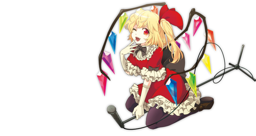 artist_request blonde_hair dress elbow_gloves fang flandre_scarlet frills gathers gem gloves hair_ribbon invisible_png microphone pantyhose petticoat red_dress red_eyes ribbon ruffles short_dress side_ponytail simple_background sitting smile solo striped striped_ribbon the_embodiment_of_scarlet_devil touhou transparent_background wink