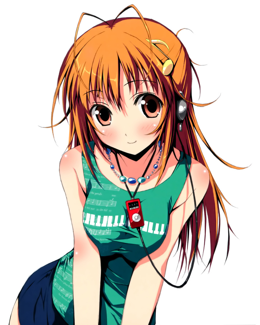 blush breast_squeeze breasts brown_eyes brown_hair clothes_writing clothing_writing digital_media_player earphones engrish hair_ornament highres ipod jewelry kantoku long_hair musical_note necklace original ranguage smile tank_top