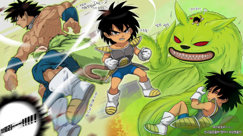 1boy abs age_progression animal black_eyes black_hair broly_(dragon_ball_super) character_request child collage collar dragon_ball dragon_ball_super dragon_ball_super_broly fighting_stance frown full_body green_fur highres large_pectorals male_focus monkey_tail multiple_views muscular muscular_male navel nipples oversized_animal pants saiyan_armor scar scar_on_chest shirtless short_hair skin_tight spiky_hair stomach tail tarutobi tight tight_pants torn_clothes torn_pants