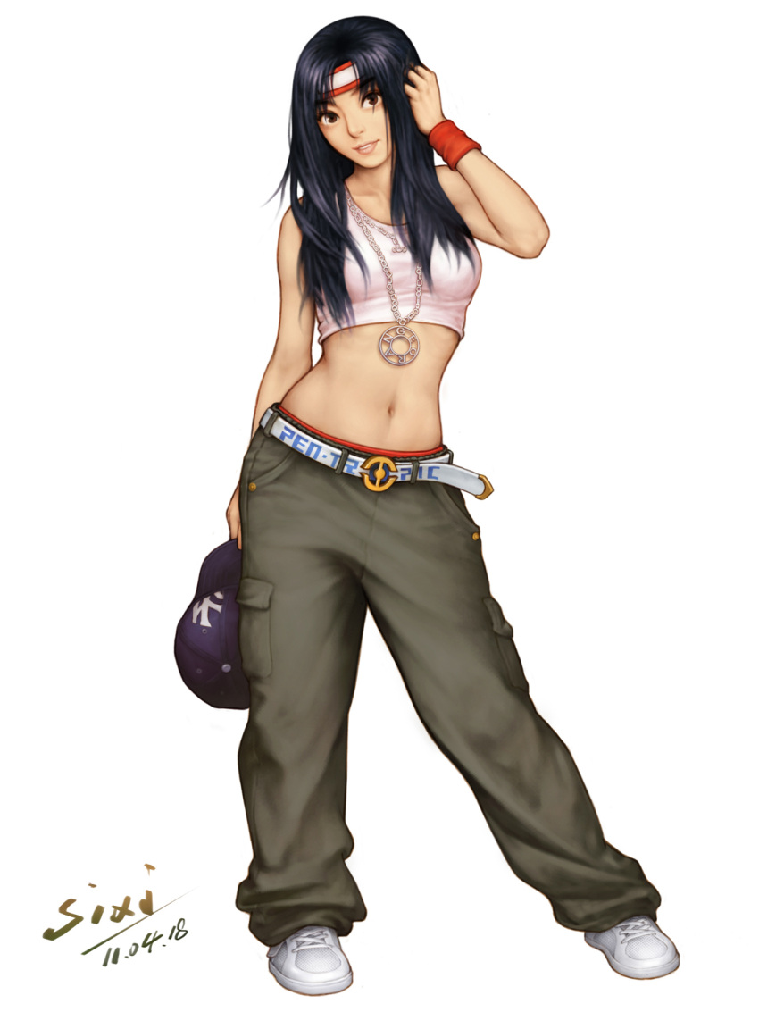 adjusting_hair armband baggy_pants baseball_cap belt blue_hair brown_eyes crop_top hair_down hat headband highres holding jewelry king_of_fighters midriff navel necklace pen-tropic pen_tropic_(pixiv) realistic ryuuko_no_ken shoes signature sneakers snk solo toudou_kasumi wristband