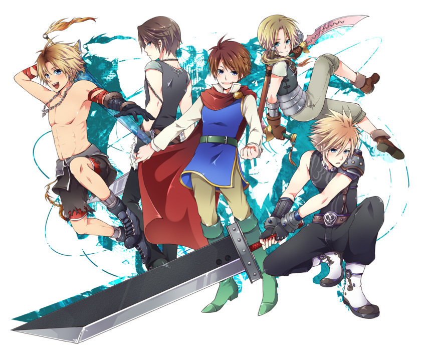 alternate_costume bartz_klauser blonde_hair blue_eyes boots brown_hair buster_sword butz_klauser cape cloud_strife dagger dissidia_012_final_fantasy dissidia_final_fantasy final_fantasy final_fantasy_ix final_fantasy_v final_fantasy_vii final_fantasy_viii final_fantasy_x gloves jewelry male multiple_boys necklace open_mouth ponytail shirtless shorts siempre spiked_hair spiky_hair squall_leonhart sword tidus weapon zidane_tribal