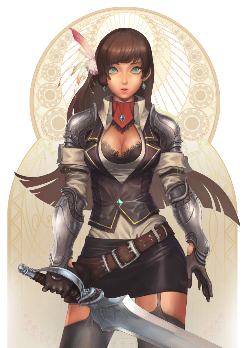 aqua_eyes armor art_nouveau artist_request black_legwear boroja breasts brown_hair cleavage earrings feathers gauntlets highres jewelry lace long_hair open_mouth original sash skirt solo sword thighhighs weapon