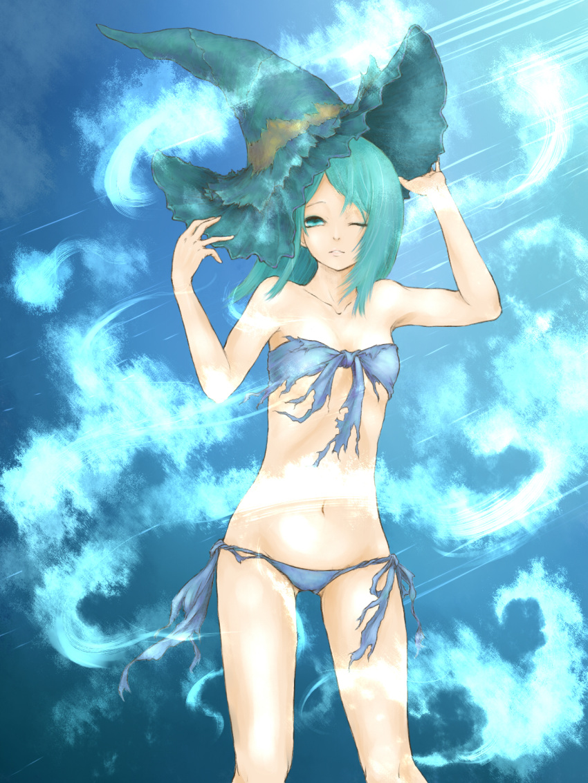 aqua_hair bandeau bikini breasts demon's_souls demon's_souls female flat_chest front-tie_top green_eyes green_hair hat highres ise_(0425) ise_(pixiv2136520) legs long_hair lowleg lowleg_bikini magic midriff navel one_eye_closed side-tie_bikini small_breasts solo swimsuit torn_clothes wind wink witch_hat yuria_the_witch