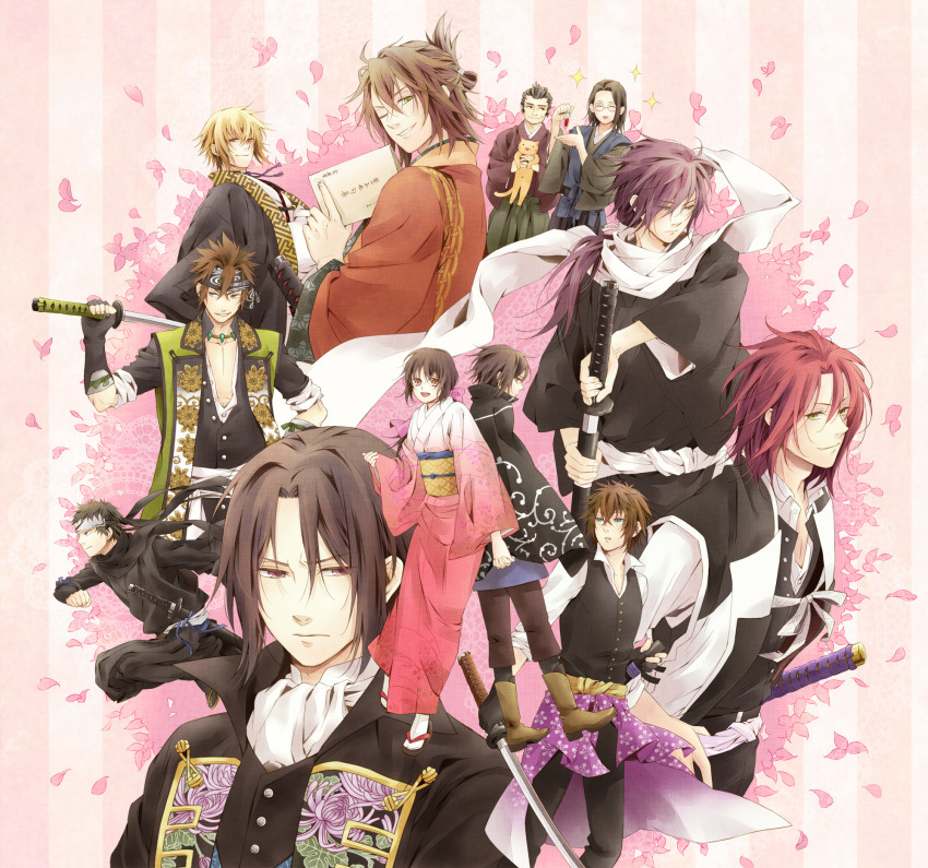 blonde_hair blue_eyes brown_eyes brown_hair chikage_kazama floral_print glasses green_eyes hakuouki_shinsengumi_kitan harada_sanosuke_(hakuouki) highres hijikata_toshizou_(hakuouki) hijitaka_toshizou japanese_clothes katana kimono kondou_isami_(hakuouki) long_hair nagakura_shinpachi nagumo_kaoru okita_souji_(hakuouki) purple_eyes red_eyes red_hair redhead saitou_hajime_(hakuouki) sayagata smile sukimame sword toudou_heisuke violet_eyes weapon yamanami_keisuke yamazaki_susumu_(hakuouki) yukimura_chizuru