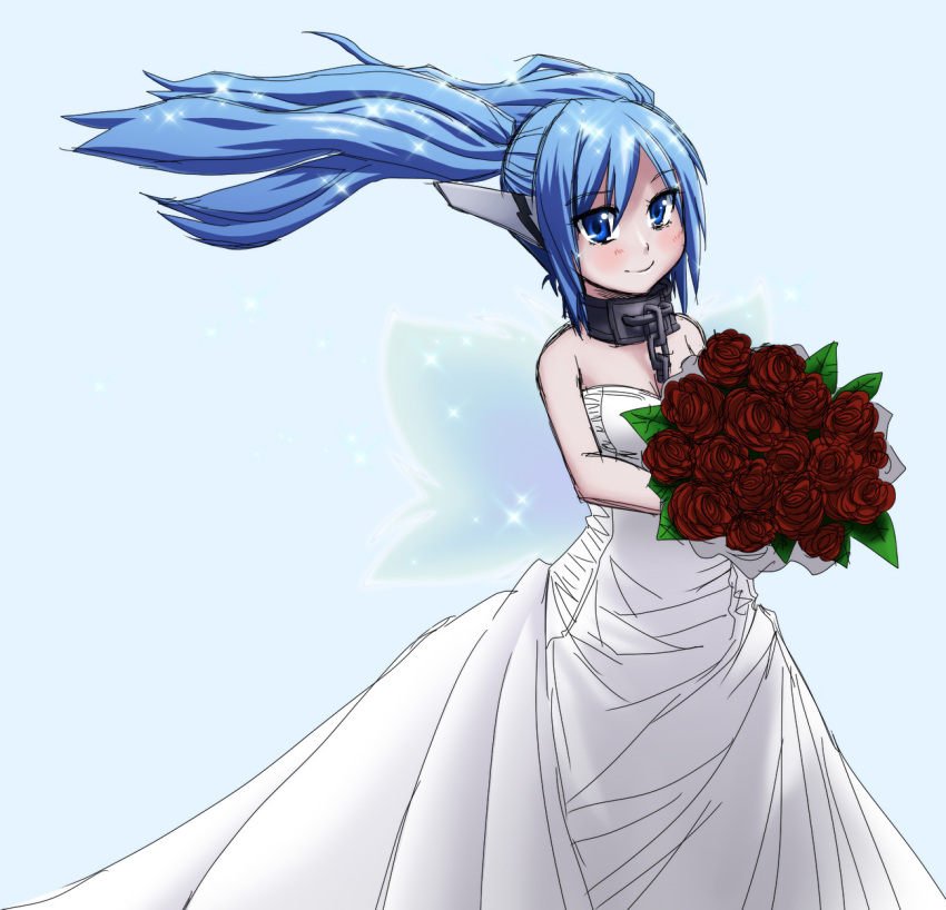blush bouquet collar dress flower highres long_hair nymph_(sora_no_otoshimono) robot_ears solo sora_no_otoshimono twintails wedding_dress wings