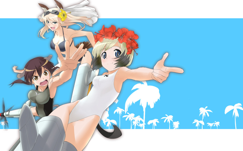 animal_ears armpits bikini black_hair blonde_hair blue_eyes blush breasts brown_eyes brown_hair collarbone erica_hartmann flower foreshortening gertrud_barkhorn halterneck hanna-justina_marseille head_wreath hibiscus kanchou_(karaja) multicolored_hair multiple_girls one-piece_swimsuit open_mouth outstretched_hand pointing school_swimsuit short_hair smile strike_witches striker_unit swimsuit tail tree twintails two-tone_hair white_swimsuit