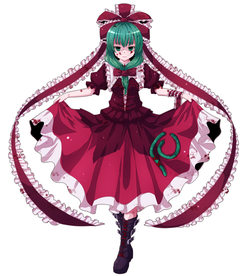 arm_ribbon blood blood_on_clothes blood_on_face blood_stain bloody_clothes boots curtsey dress dress_lift green_eyes green_hair hair_ribbon highres kagiyama_hina nikka nikka_(cryptomeria) red_dress ribbon skirt_hold smile solo standing touhou yandere