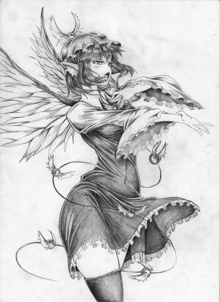 absurdres graphite_(medium) hand_on_own_chest hand_to_chest hands hat highres kitazinger monochrome mystia_lorelei outstretched_arm short_hair singing solo thighhighs touhou traditional_media wings zettai_ryouiki