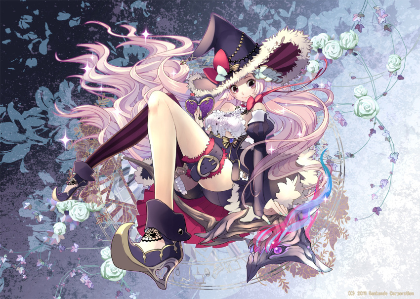 bare_shoulders blush breasts elbow_gloves fingerless_gloves flower gin_(oyoyo) gloves hat high_heels hunter_kingdom jewelry legs long_hair mismatched_legwear nail_polish original pink_eyes pink_hair pouch ring shoes single_thighhigh smile solo sparkle staff thigh_strap thighhighs underboob very_long_hair witch_hat