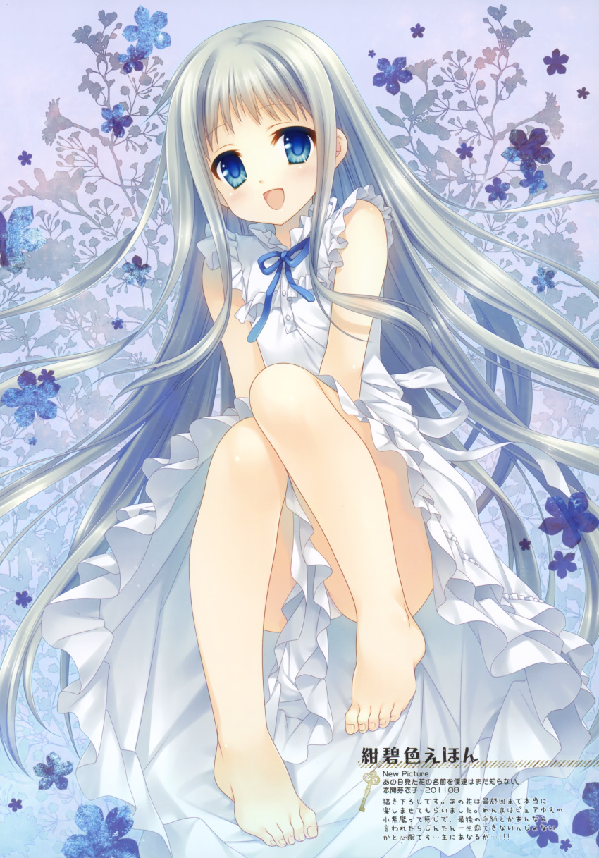 ano_hi_mita_hana_no_namae_wo_bokutachi_wa_mada_shiranai bare_legs barefoot blue_eyes child dress feet flower happy highres honma_meiko legs long_hair looking_at_viewer open_mouth panties pantyshot pantyshot_(sitting) pantyshot_sitting silver_hair sitting sleeveless sleeveless_dress smile solo tareme tatekawa_mako toenails toes underwear v_arms