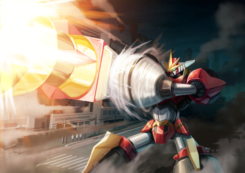 dai-guard dai-guard_(robot) dust explosion glowing glowing_eyes highres hokuto_shinken knot_punisher mecha night pile_bunker solo spinning super_robot weapon