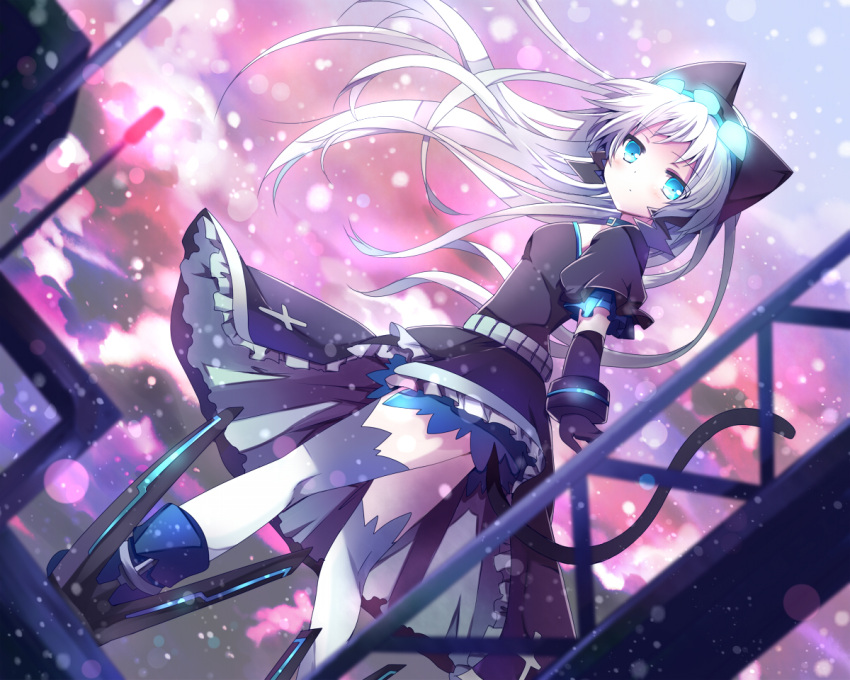 animal_ears artificial_wings belt blue_eyes blush boots brown_dress cat_ears cat_tail collar dress dutch_angle elbow_gloves fake_animal_ears gloves glowing long_hair looking_at_viewer mecha_musume mishima_kurone original silver_hair snow snowing solo tail thighhighs white_legwear zettai_ryouiki