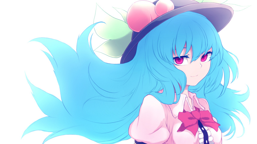 1girl blue_hair food fruit hinanawi_tenshi long_hair looking_at_viewer peach red_eyes solo touhou white_background