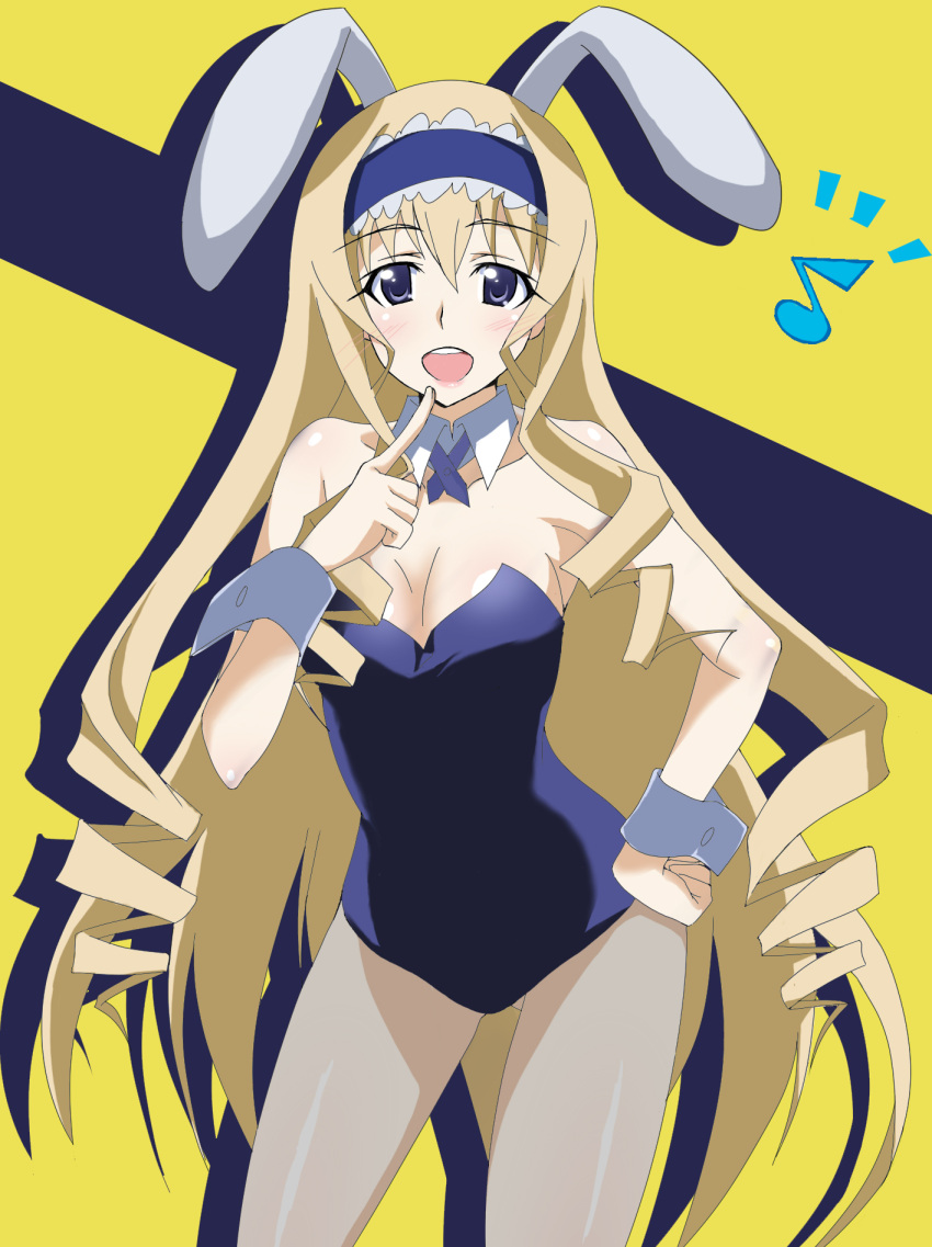 :d animal_ears blonde_hair blue_eyes bowtie breasts bunny_ears bunny_girl bunny_suit bunnysuit cecilia_alcott cleavage detached_collar drill_hair hairband hand_on_hip happy highres infinite_stratos jumon leotard long_hair musical_note open_mouth pantyhose pointing smile solo very_long_hair wrist_cuffs