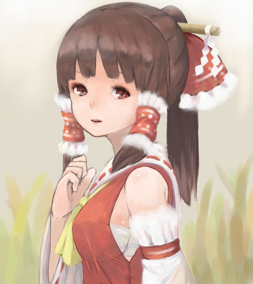 absurdres bad_id bow brown_hair bust face hair_bow hakurei_reimu hand_on_own_chest hand_to_chest highres lips looking_at_viewer numa123 solo touhou