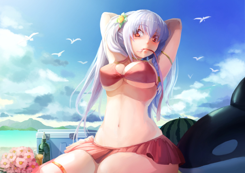 animal armband arms_behind_head arms_up bad_id bikini bikini_skirt bird blush breasts cloud cooler floatie flotation_aid flower food fruit hair_flower hair_ornament hokuto_shinken long_hair mouth_hold navel ocean original red_eyes sitting sky solo swimsuit under_boob underboob watermelon whale white_hair