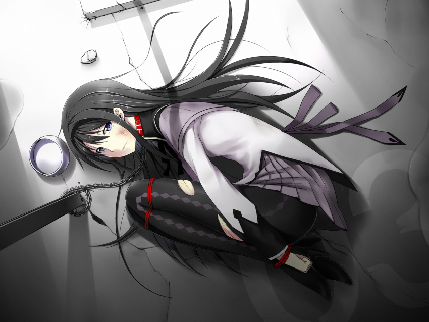 akemi_homura bdsm black_hair black_legwear bondage bound_arms bound_knees bound_legs bruise chain chained chains collar fetal_position from_above full_body high_heels highres injury kamata_yuuya long_hair looking_at_viewer lying mahou_shoujo_madoka_magica on_side pantyhose pet_bowl purple_eyes scar school_uniform scratches shoes solo tied tied_arms torn_clothes torn_pantyhose violet_eyes wrists_to_ankles