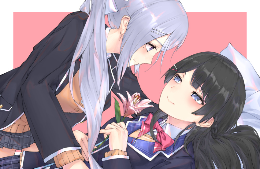 2girls bangs black_hair black_jacket bow braid buttons cardigan closed_mouth collared_shirt dress_shirt eyebrows_visible_through_hair flower grey_skirt highres higuchi_kaede holding holding_flower jacket light_purple_eyes light_purple_hair lily_(flower) long_hair long_sleeves looking_at_another lying miniskirt mole mole_under_eye multiple_girls nijisanji on_back open_clothes open_jacket orange_cardigan pink_bow pink_flower plaid plaid_skirt pleated_skirt ponytail school_uniform shirt skirt smile tsukino_mito virtual_youtuber white_shirt ymok