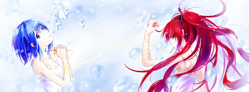 2girls absurdres arm_up azmodan back blue_eyes blue_hair bow bubble camisole chain chains cross food hair_bow hands_clasped highres jewelry long_hair mahou_shoujo_madoka_magica miki_sayaka mouth_hold multiple_girls pendant pocky ponytail red_eyes red_hair sakura_kyouko short_hair tattoo tied