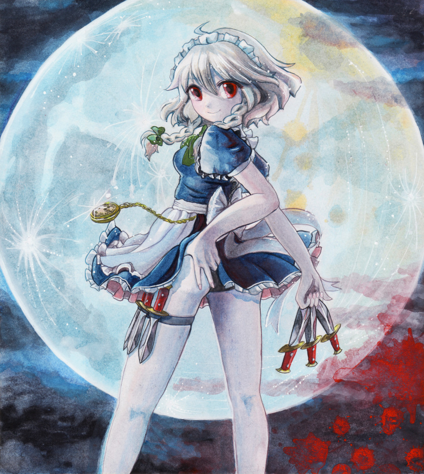 absurdres ahoge apron ass back black_panties blood blush braid from_behind full_moon highres izayoi_sakuya knife looking_back maid maid_headdress moon panties pocket_watch red_eyes short_hair silver_hair skirt skirt_lift smile solo the_embodiment_of_scarlet_devil throwing_knife touhou twin_braids underwear watch weapon yui_(calling_dr_love_m)