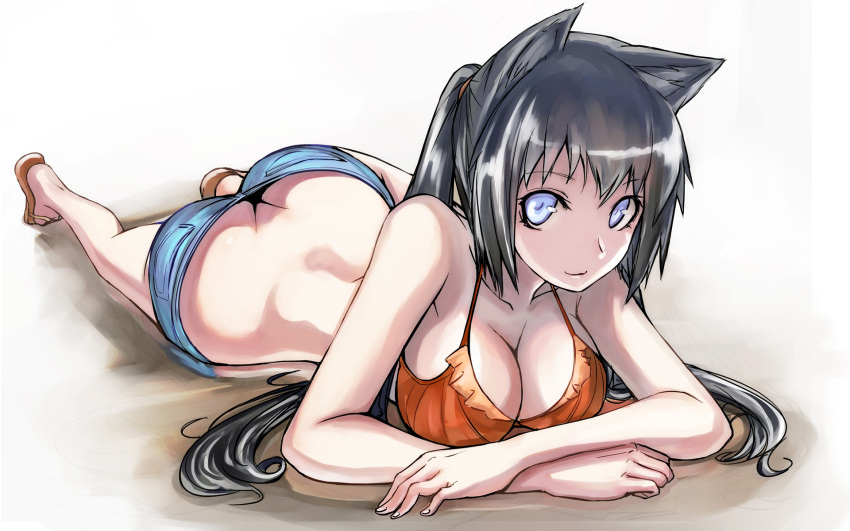 ass bare_legs bare_shoulders bikini_top black_hair blue_eyes breasts butt_crack cat_ears cleavage collarbone denim denim_shorts face halterneck highres large_breasts legs long_hair looking_at_viewer lying on_stomach original sandals short_shorts shorts smile solo tea_(artist) twintails wallpaper