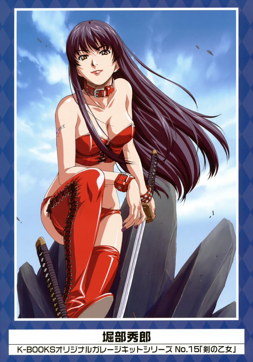 absurdres bare_shoulders black_hair boots bracelet breasts character_request cleavage cloud collar copyright_request highres horibe_hiderou jewelry katana long_hair looking_at_viewer outdoors sky solo sword tattoo thigh-highs thigh_boots thighhighs weapon wind yellow_eyes