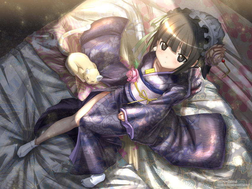 animal bed black_eyes black_hair blush cat collarbone flower from_above frown hair_flower hair_ornament hat headdress ikoku_meiro_no_croisee japanese_clothes kimono kimura_tatsuki letter looking_at_viewer looking_up no_shoes obi shade short_hair shy side_slit signature sitting sleeves_past_wrists solo tabi watermark web_address wide_sleeves yune_(ikoku_meiro_no_croisee)