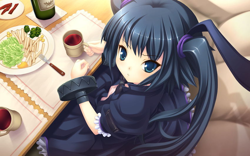 :&lt; black_hair bracelet food fork game_cg mug seirei_tenshou teal_eyes twintails very_long_hair wine