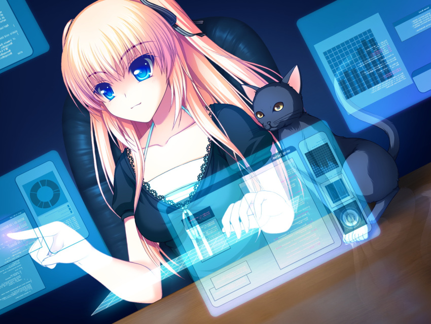 :3 animal asami_asami blonde_hair blue_eyes cat chair fake_azure_arcology game_cg hair_ribbon hologram long_hair rain_t_miraa twintails