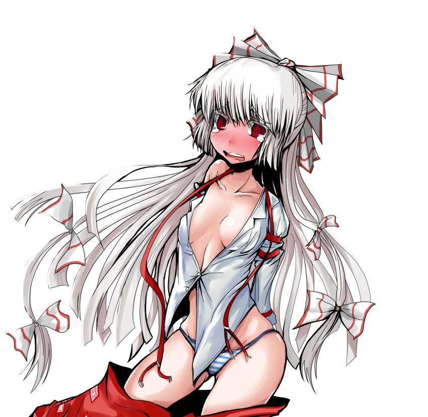 arms_behind_back bikini blush bow breasts cleavage embarrassed fujiwara_no_mokou hair_bow highres long_hair mokujinn no_bra open_clothes open_shirt pants_down red_eyes shirt silver_hair simple_background solo striped striped_bikini striped_swimsuit suspenders swimsuit tears touhou undone very_long_hair